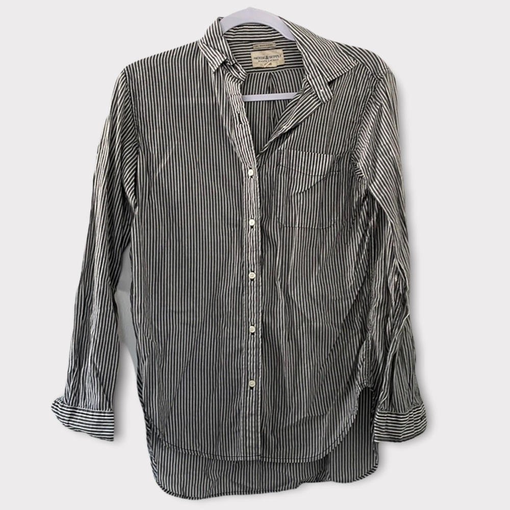 Light blue white strip button down blouse with pocket